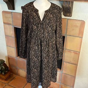 BeachLunchLounge Brown/Tan Print Babydoll Style Dress, M!